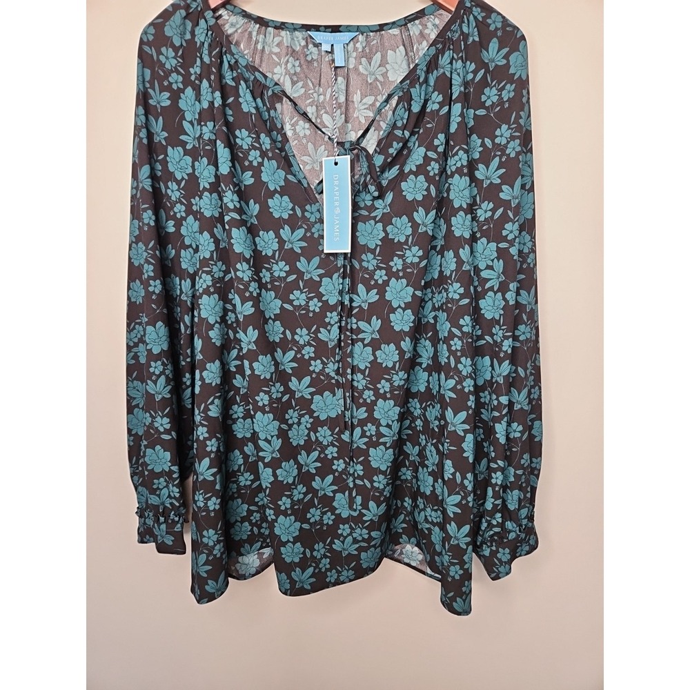 Draper James Blouse 3X Black Green Floral Popover Tie Neck Dark Feminine Boho